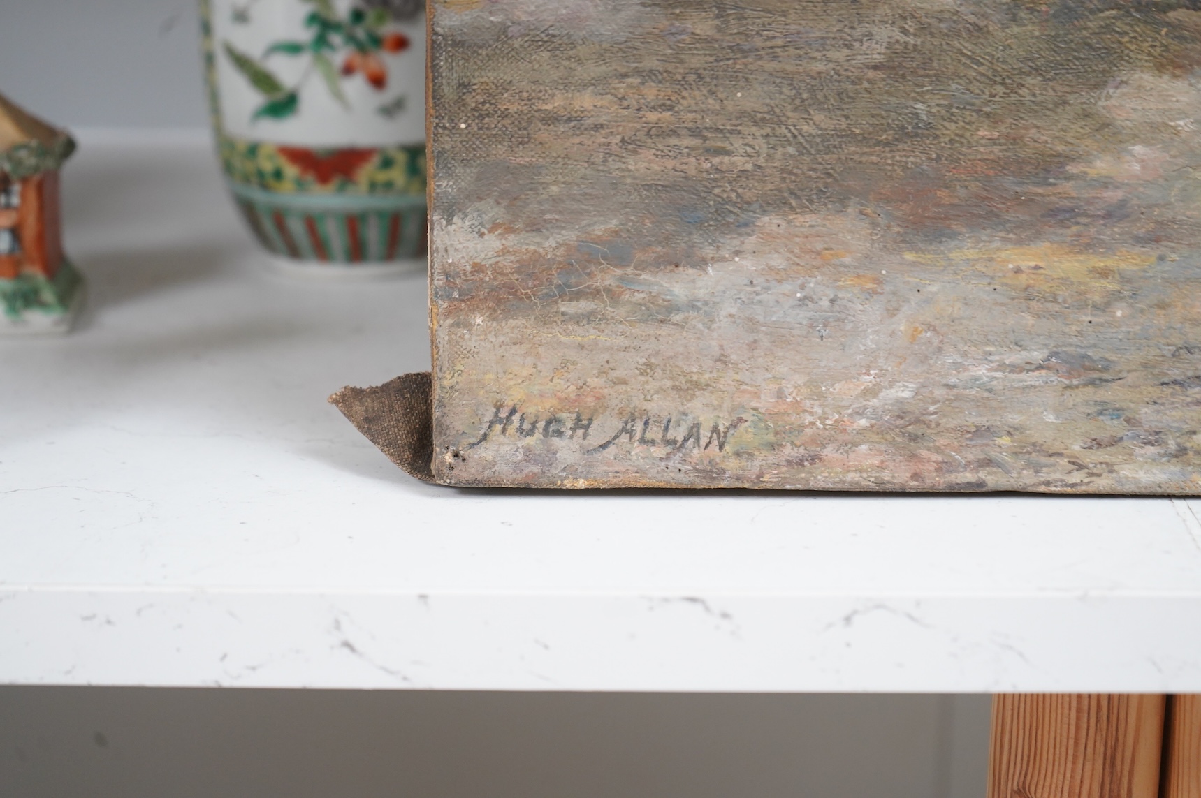 Hugh Allan (Scottish, 1862-1909), Study of a woman and chickens before cottages, signed, oil on canvas, unframed, 46 x 35cm